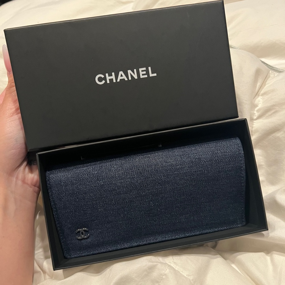 Chanel Jean material sunglasses case with box and cleaning cloth